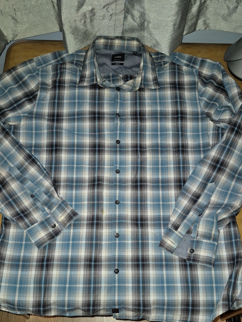 Strellson Mens Blue and Gray Plaid Button-Down Shirt..size XL Slum Fit